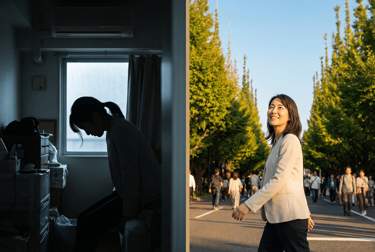 Before：不安そうな表情のシルエット。After：前を向いて歩く明るいシルエット、晴れ渡った空。