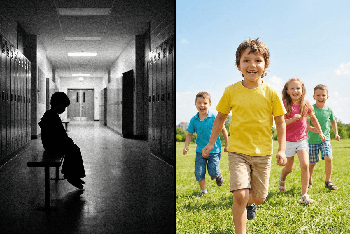 Before：不安で暗い表情の子供のシルエット。After：笑顔で元気に登校する様子を表現した明るいイメージ。